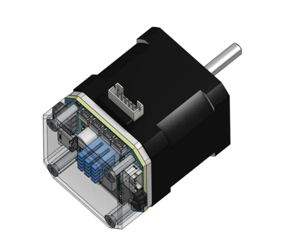 Transparent enclosure render of NEMA17 Closed Loop CAN Adapter Board on a NEMA 17 motor