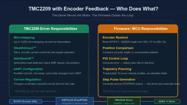 Block diagram showing TMC2209 driver responsibilities vs firmware/MCU responsibilities in a closed-loop stepper system with MT6701 encoder and ESP32-C3